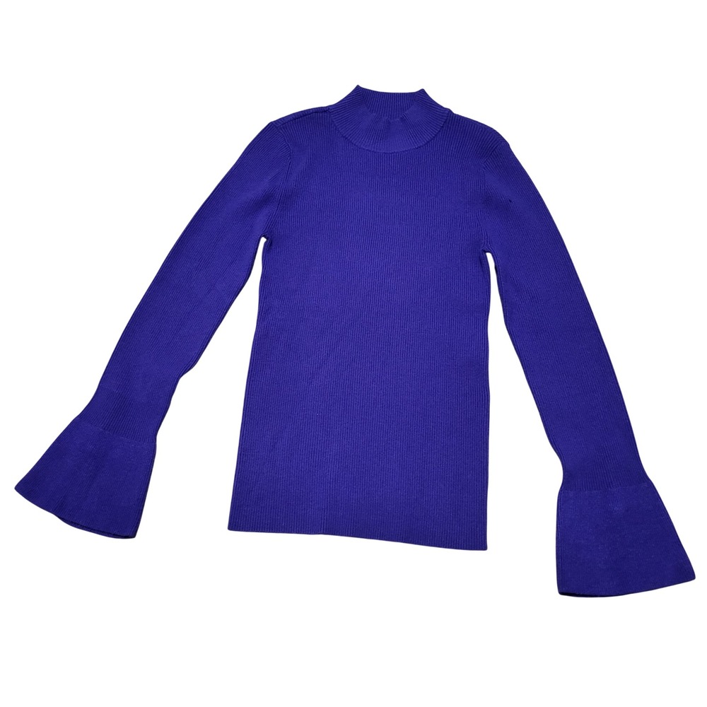 Ann Taylor Women Indigo Purple Ribbed Mock Neck Bell Sleeve Button Sweater L NEW